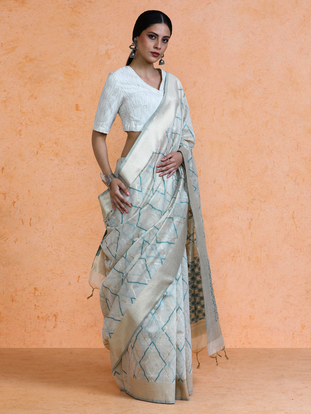 Devi Cotton in Beige with Blue Motifs