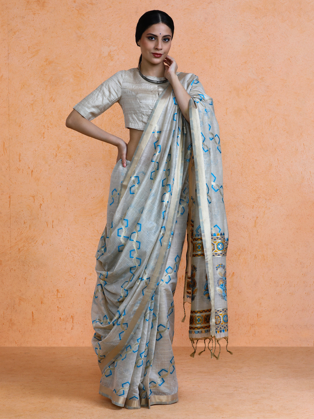 Devina Cotton in Beige with Sky Blue Motifs