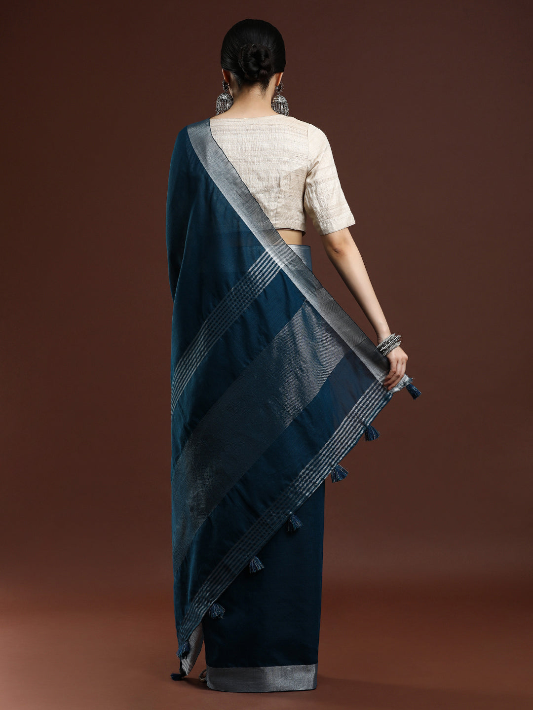 Woven Design Solid Bhagalpuri Linen Saree in Dark Blue