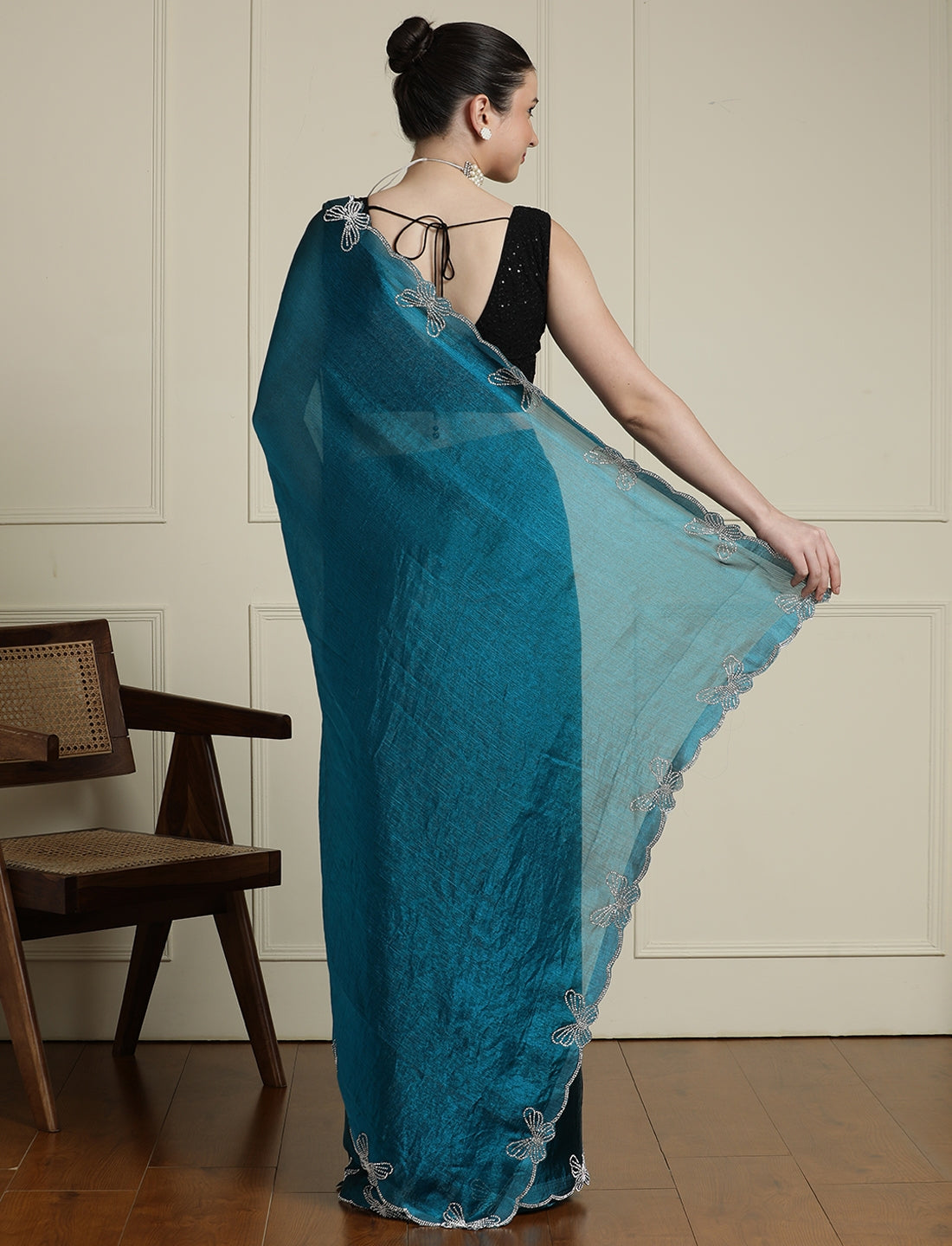 Embellished Beads and Stones Saree With Blouse in Blue