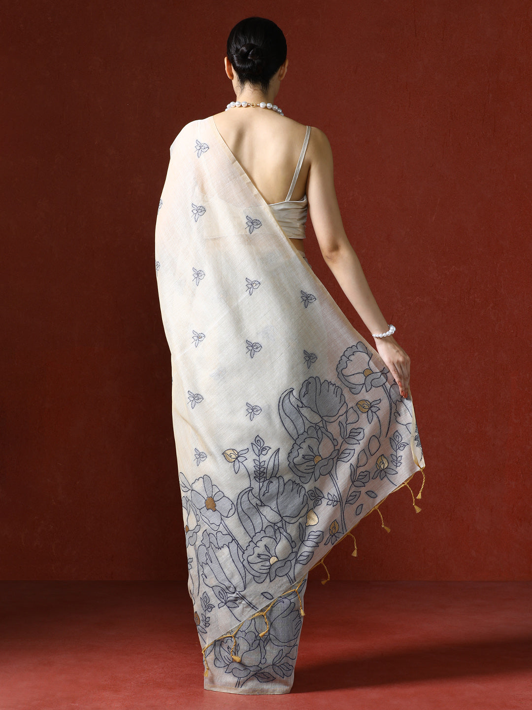 Floral Printed Zari Chanderi Saree in blue