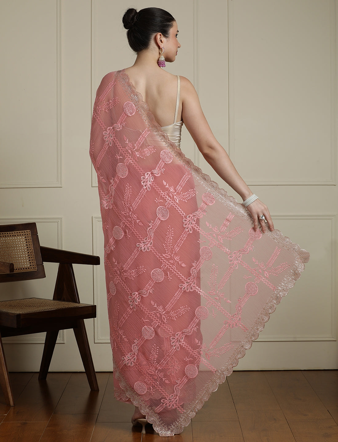 Floral Motif Embroidered Beads and Stones Saree in Pink