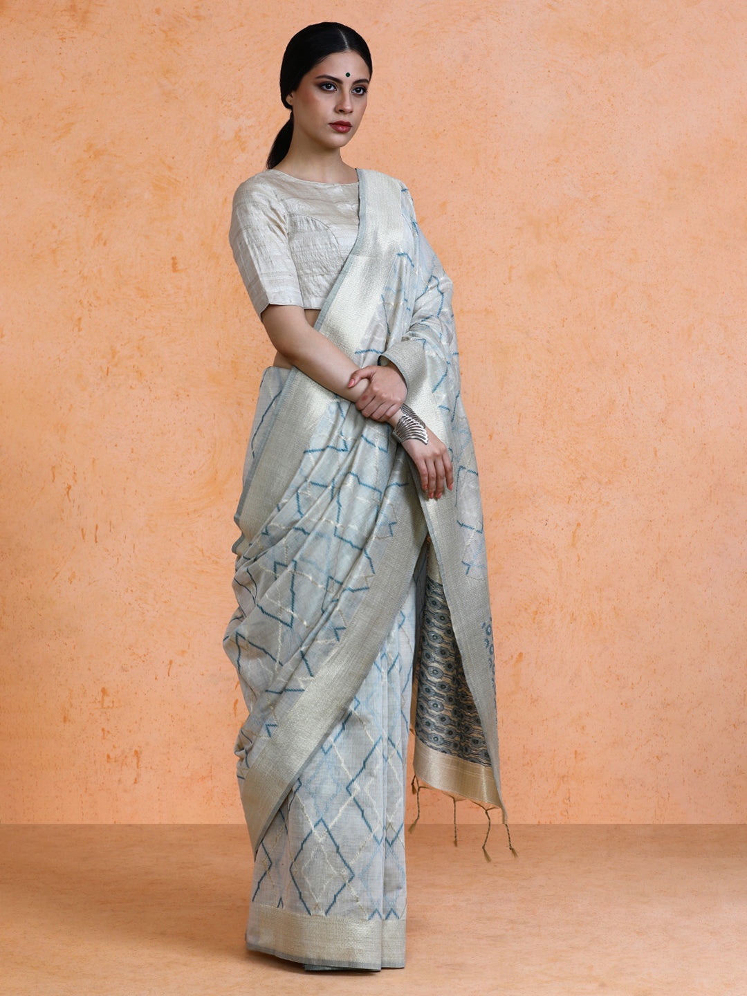 Devi Cotton in Beige with Light Blue Motifs