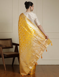 Ethnic Motif Woven Design Zari Banarasi Satin Silk Saree & Blouse Piece in Yellow