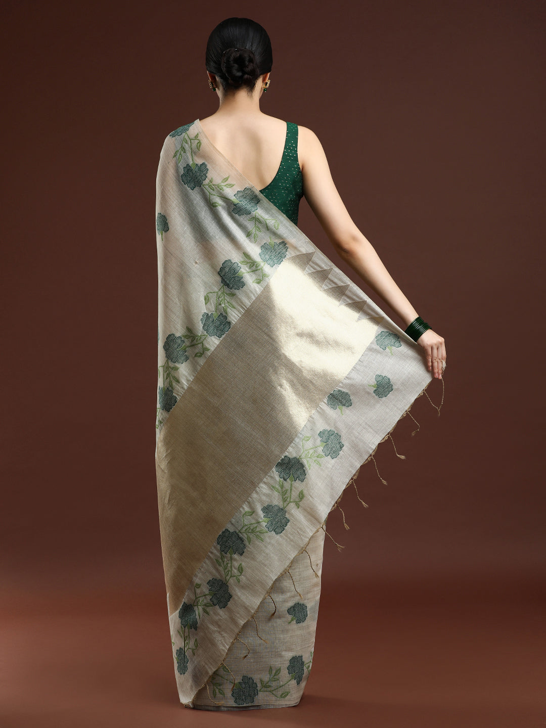 Woven Design Floral Muga Cotton Saree in Green Motifs