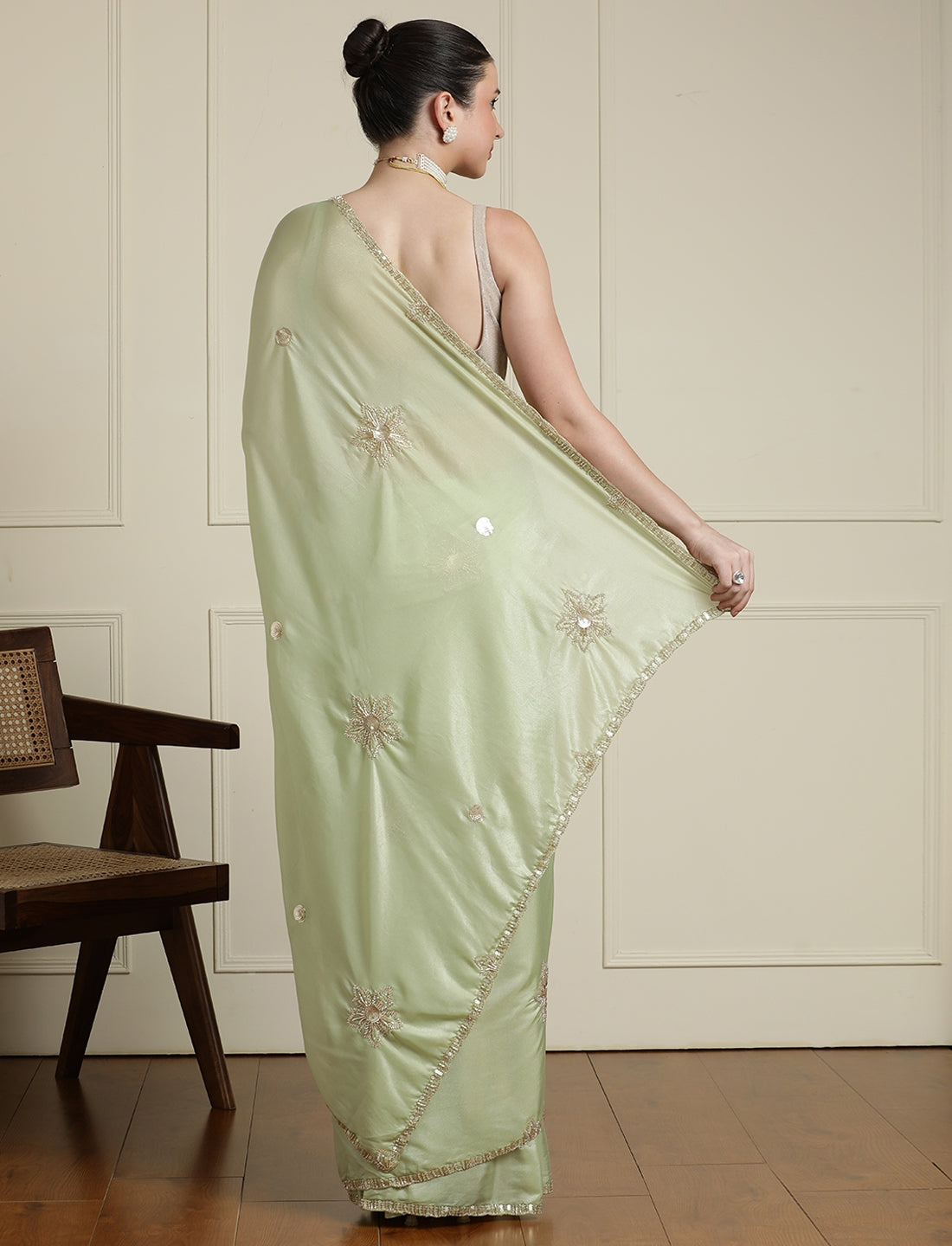 Embellished Sequinned Saree in Green