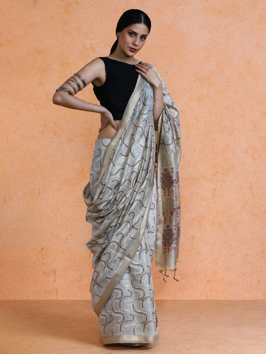 Zaika Cotton in Beige with Brown Motifs