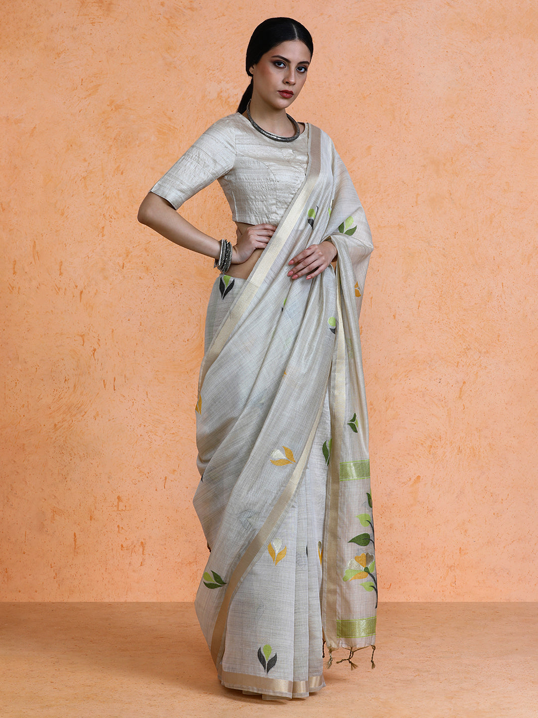 Rithika Cotton in Beige with Green Motifs