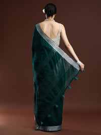 Woven Design Solid Bhagalpuri Linen Saree in Dark Green