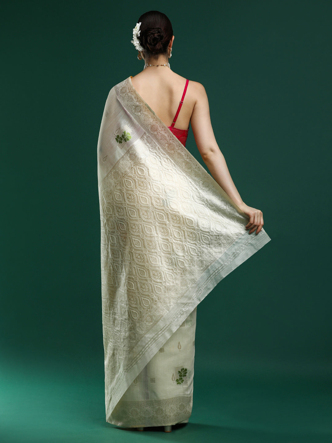 Woven Design Floral Chanderi Cotton Saree Cream