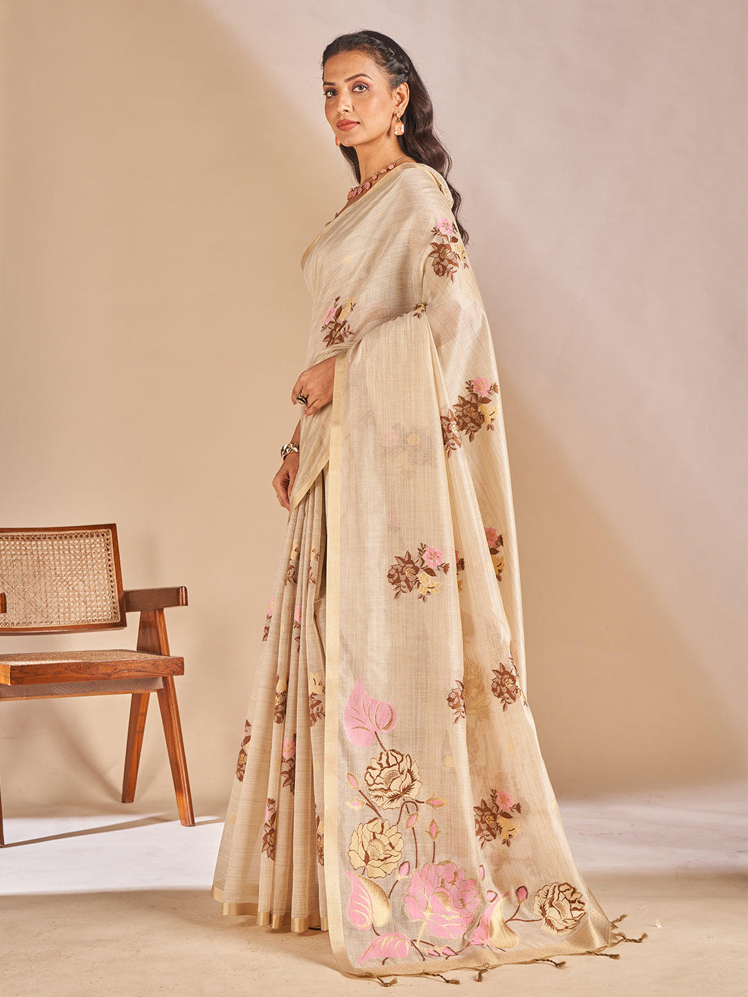 Leela Cotton In Beige With Brown Motifs