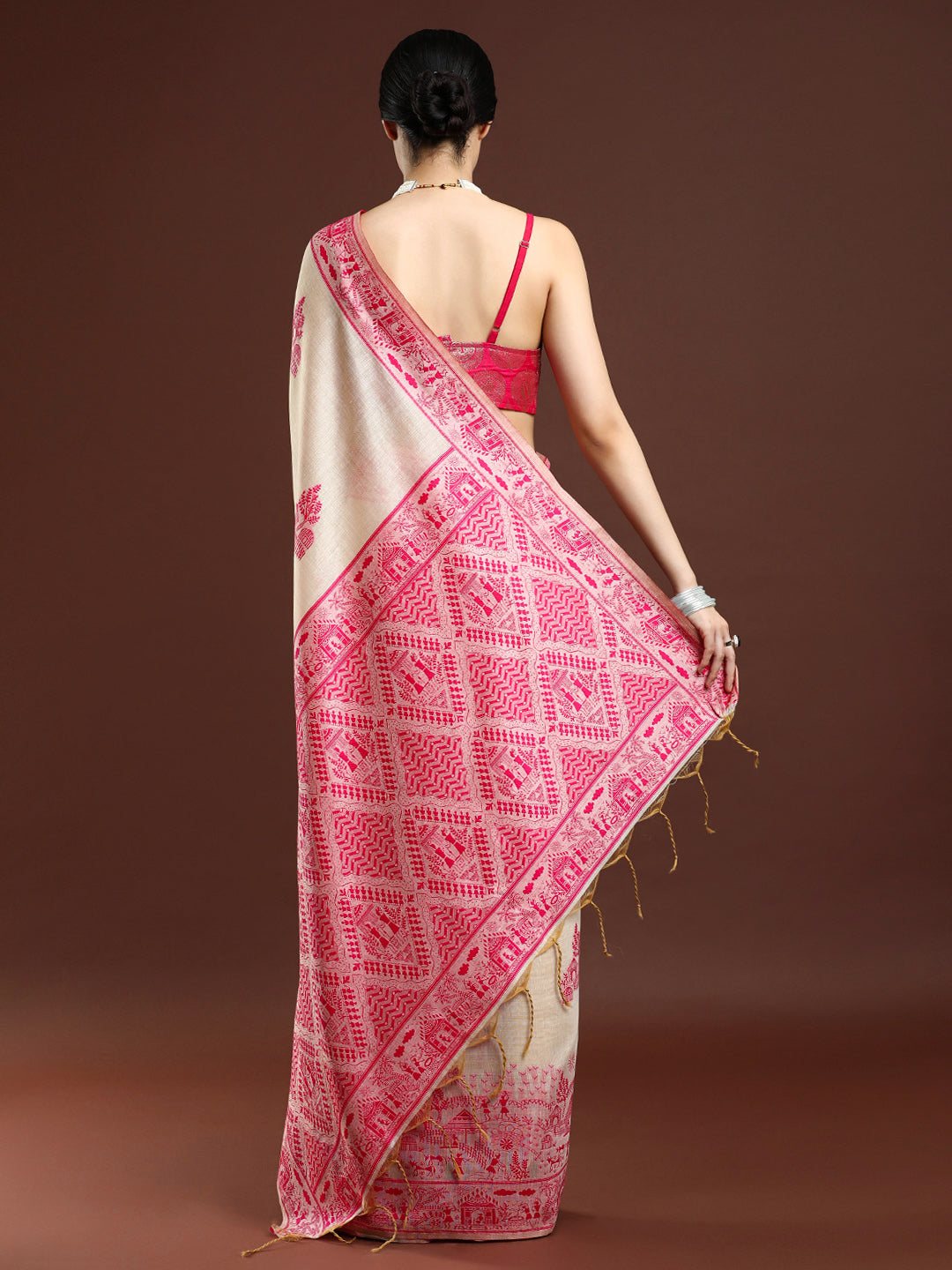 Woven Design Chanderi Cotton Saree with Pink Motifs