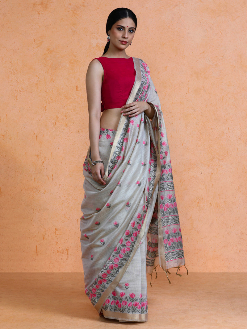 Aranya Cotton in Beige with Coral Pink Motifs