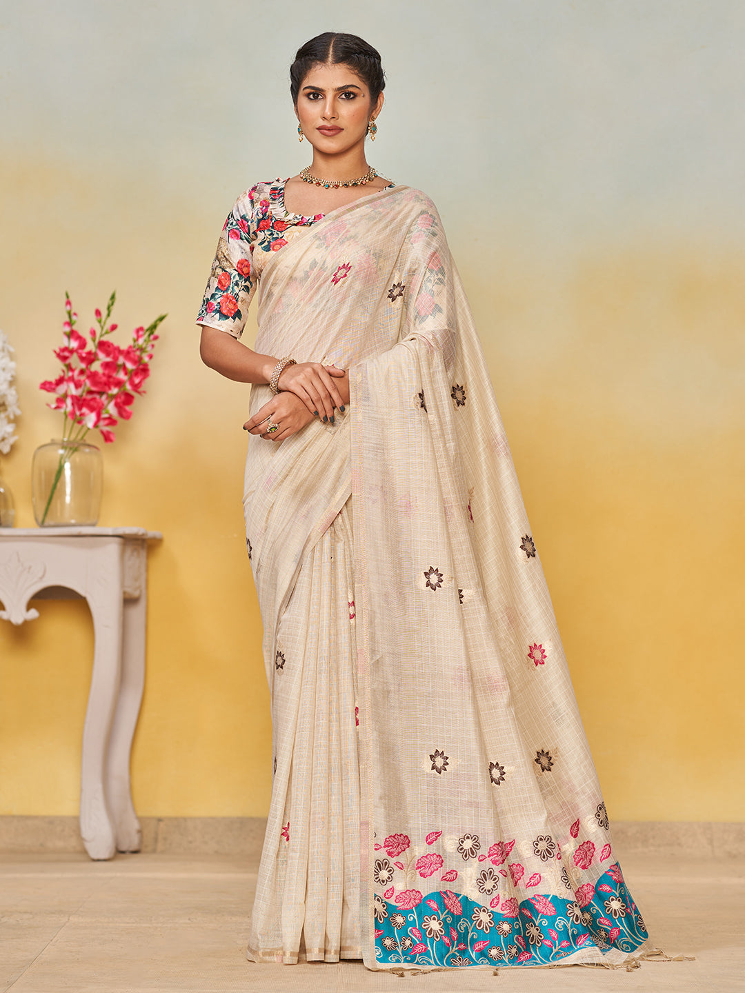 Sundari Cotton in Beige with Light Blue Motifs