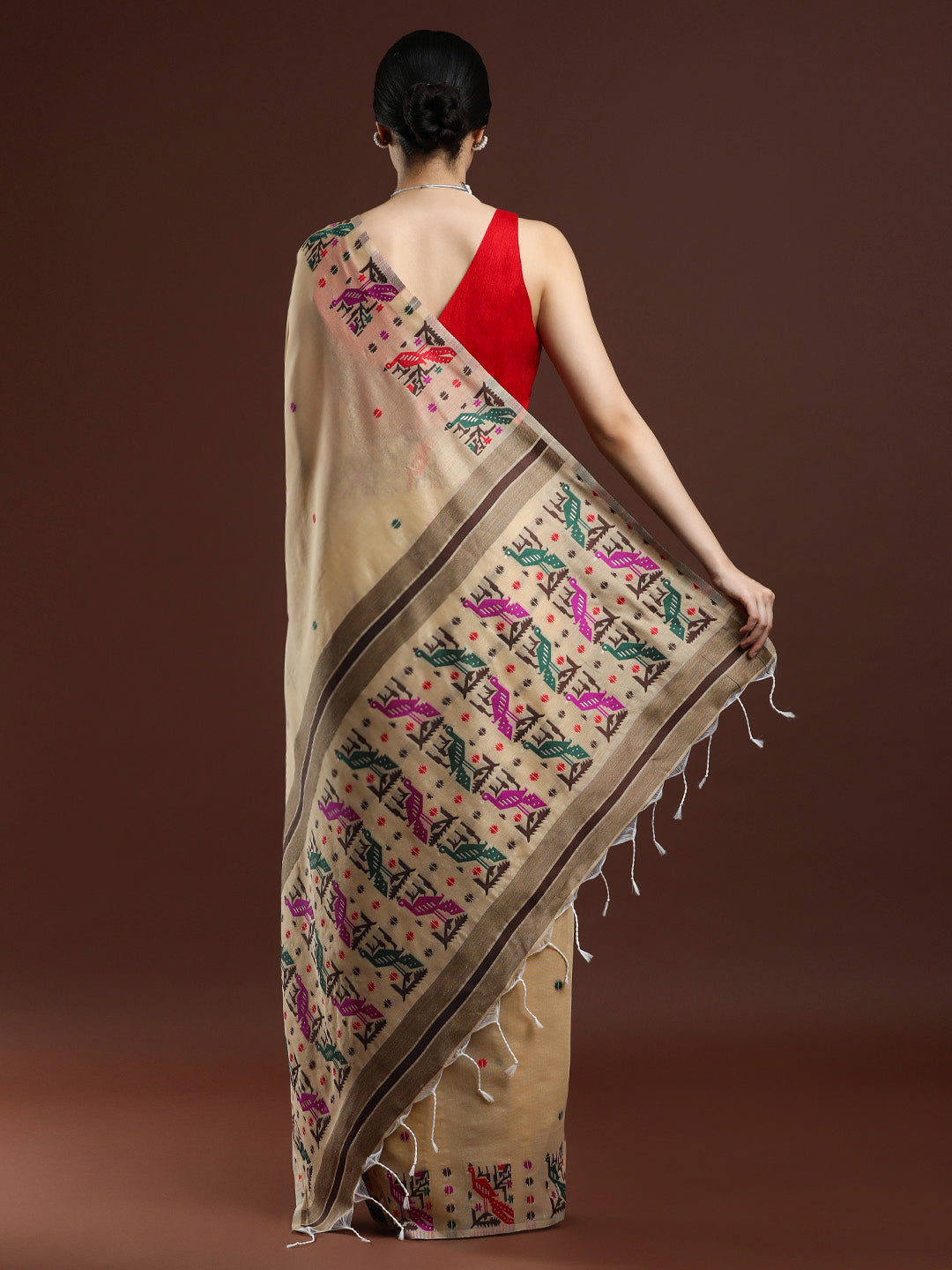 Woven Design Ethnic Motif Muga Cotton Saree in Beige