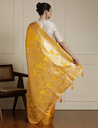 Ethnic Motif Printed Banarasi Saree With Blouse Piece in Yellow