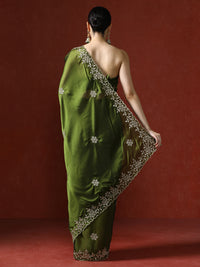 Ethnic Motifs Embroidered Sequinned Saree in green