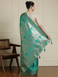 Ethnic Motif Woven Design Zari Banarasi Satin Silk Saree & Blouse Piece in Sea Green