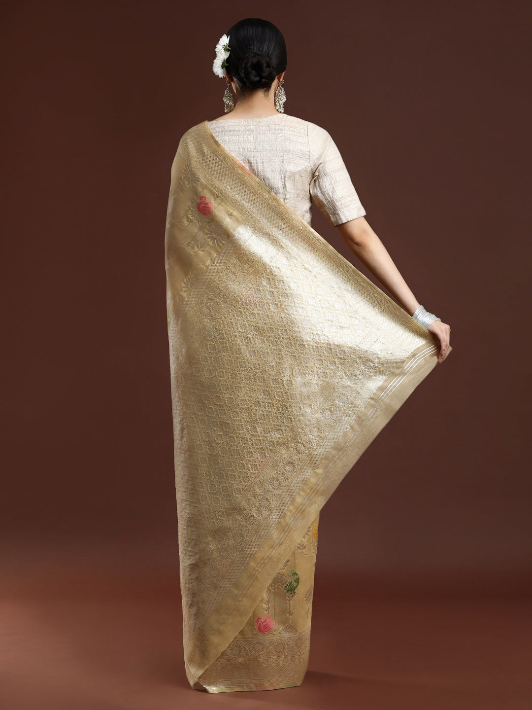 Woven Design Floral Chanderi Cotton Saree in Beige
