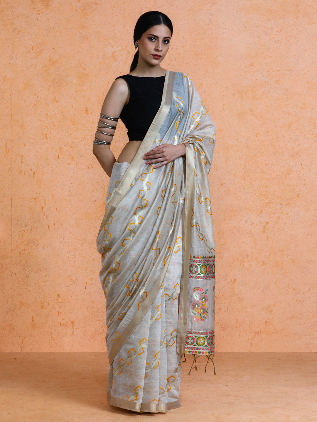 Devina Cotton in Beige with Yellow Motifs