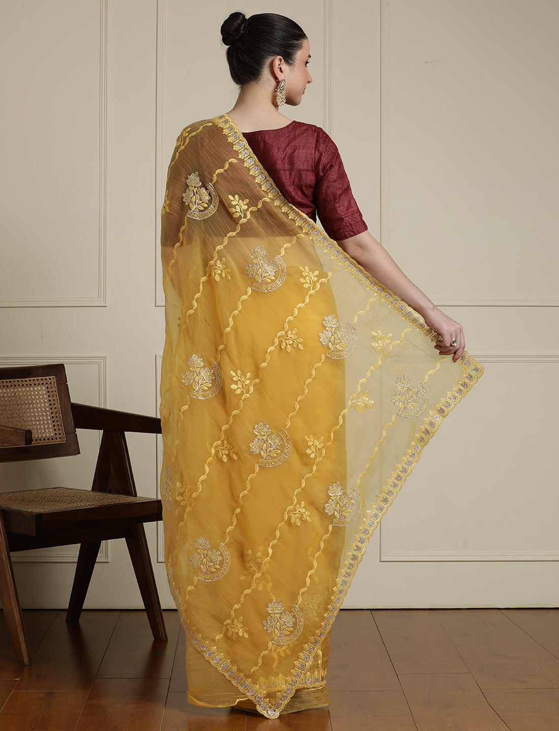 Floral Motifs Embroidered Saree with Unstitched Blouse in Yellow
