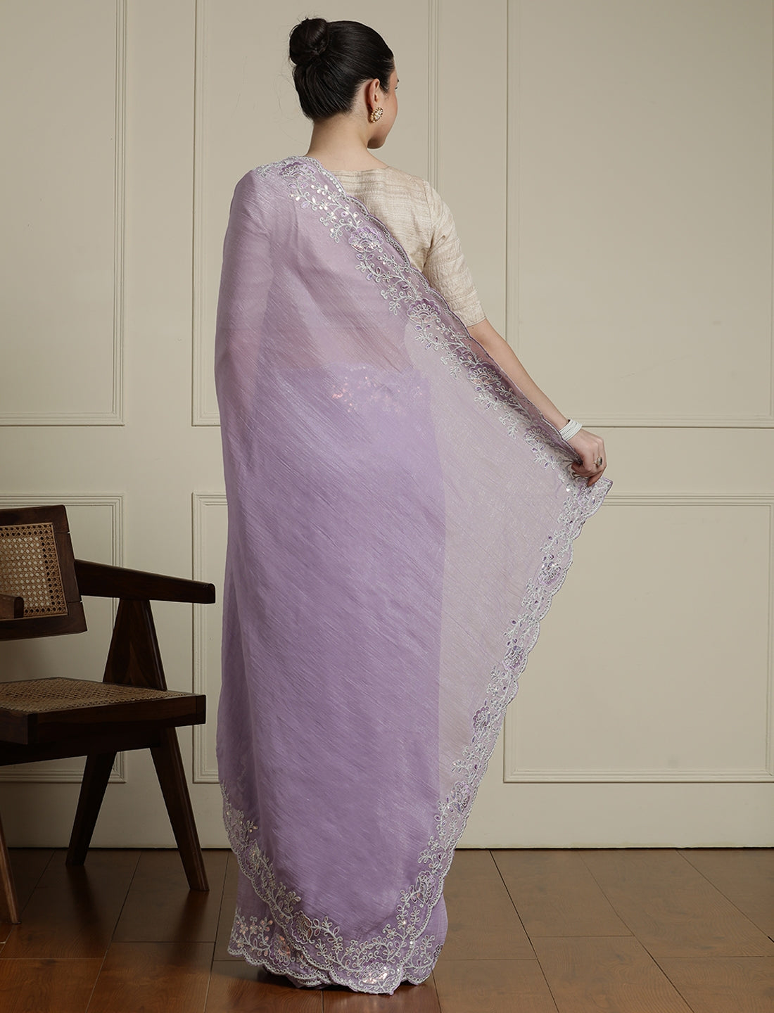 Embroidered Embellished Saree With Unstitched Blouse in Lavender