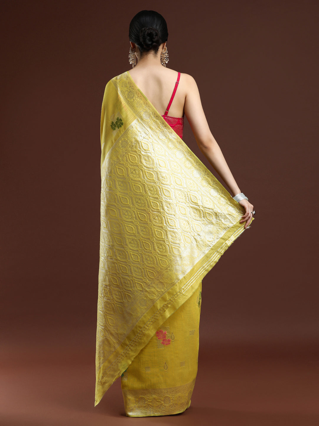 Woven Design Floral Chanderi Cotton Saree Yellow