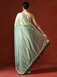 Embellished Satin Silk Sequinned With Tassles Saree in sea green