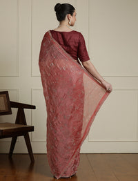 Embellished Saree With Unstitched Blouse in Peach