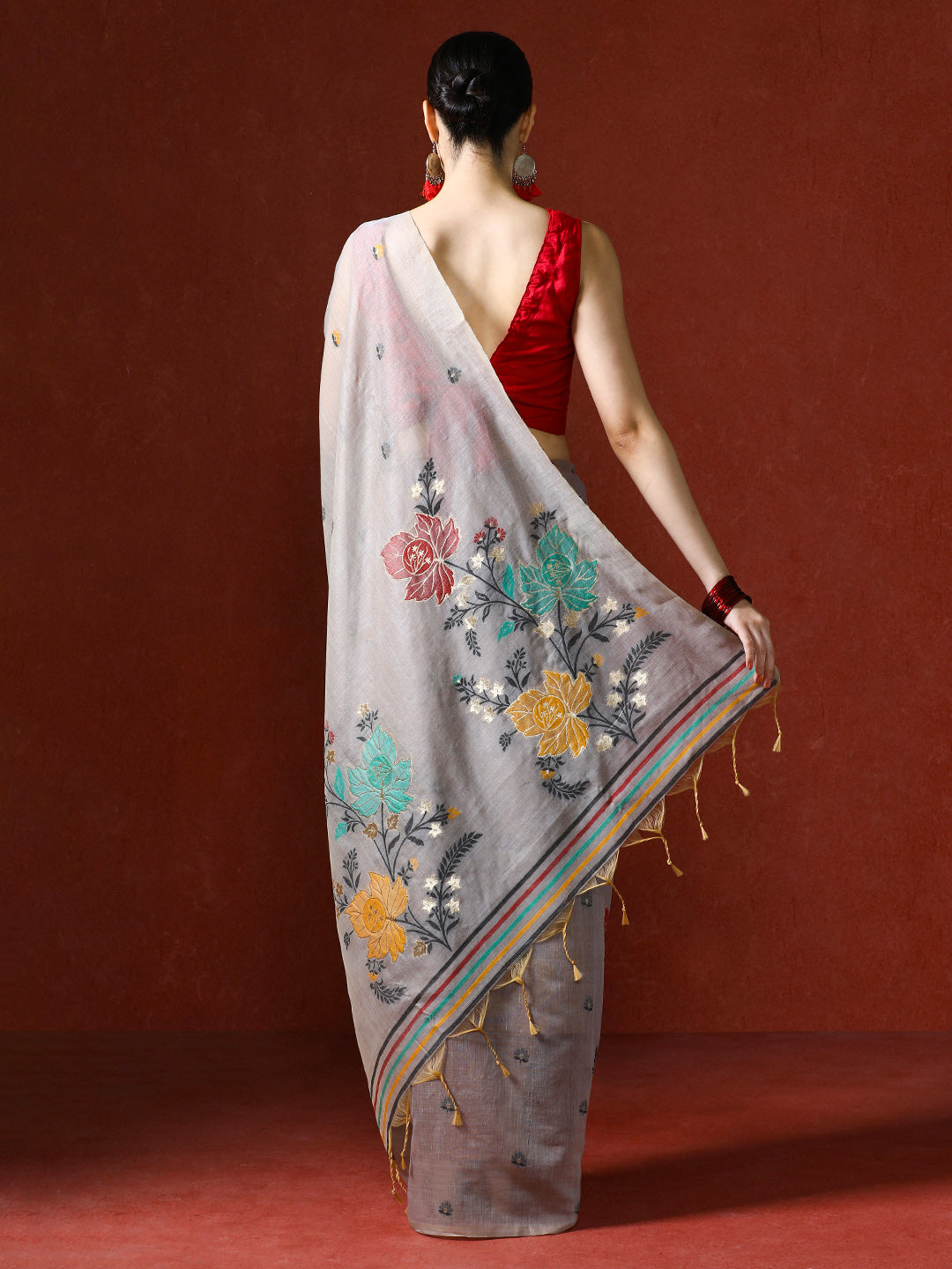 Floral Embellished Embroidered Chanderi Saree in grey
