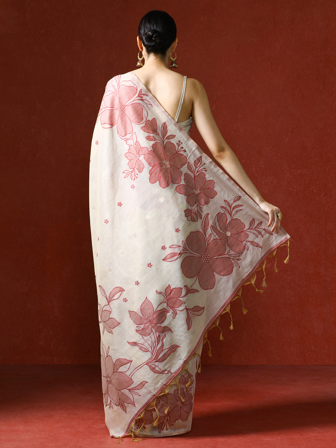 Floral Printed Chanderi Saree in red