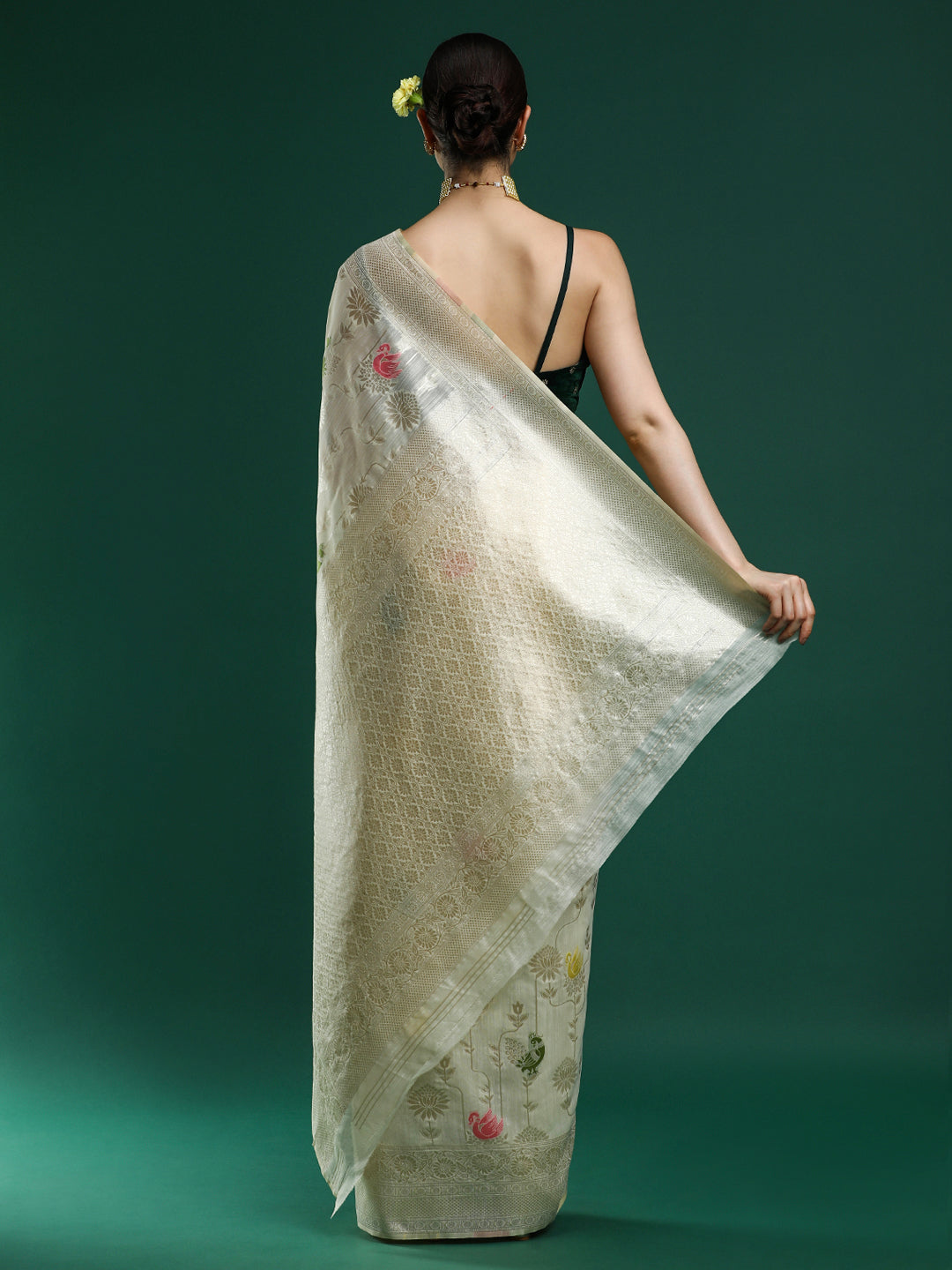 Woven Design Floral Chanderi Cotton Saree in Cream