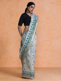 Aranya Cotton in Beige with Green Motifs