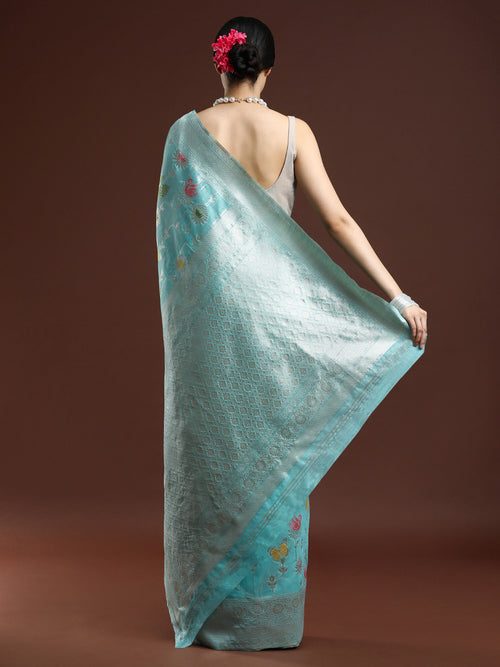 Woven Design Floral Chanderi Cotton Saree in Blue