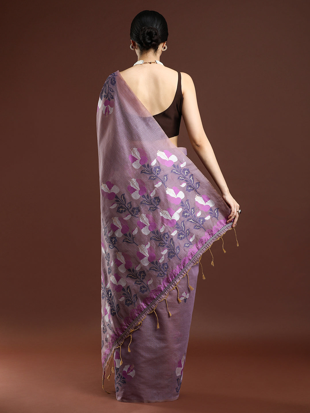 Woven Design Floral Muga Cotton Saree in Lavender
