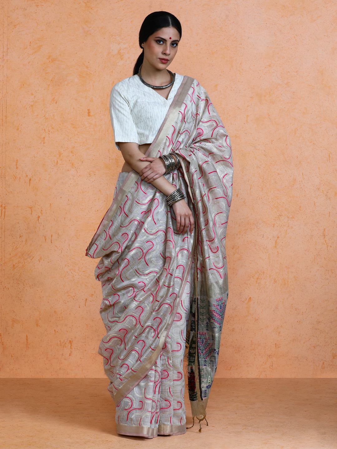 Zaika Cotton in Beige with Hot Pink Motifs