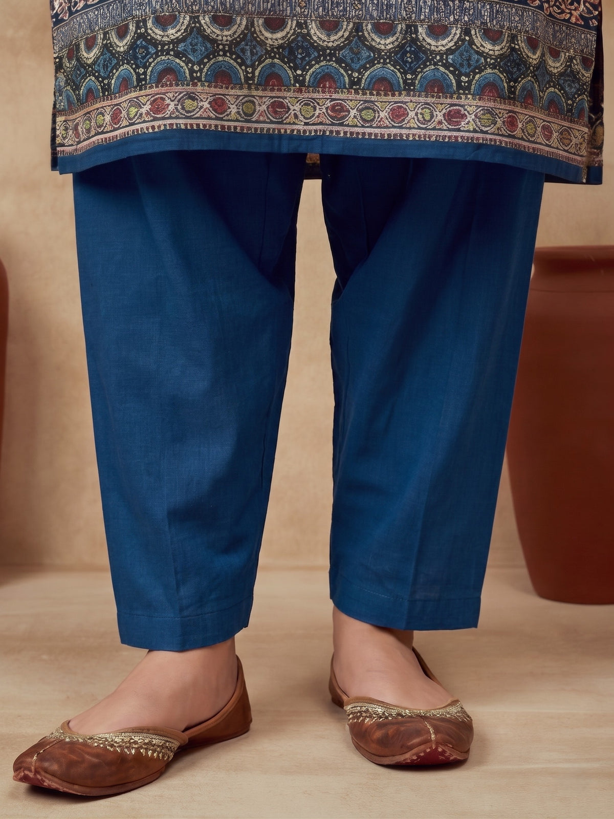 Embroidered Cotton Blend Round Neck Kurta & Trousers With Dupatta
