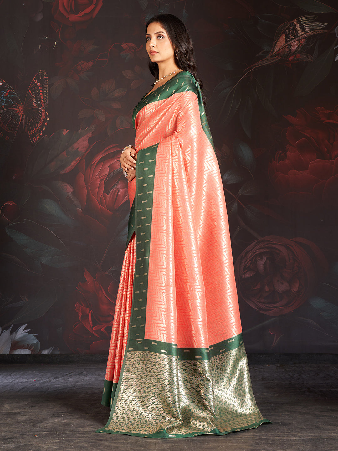 Vastra Silk In Forest Green And Pink