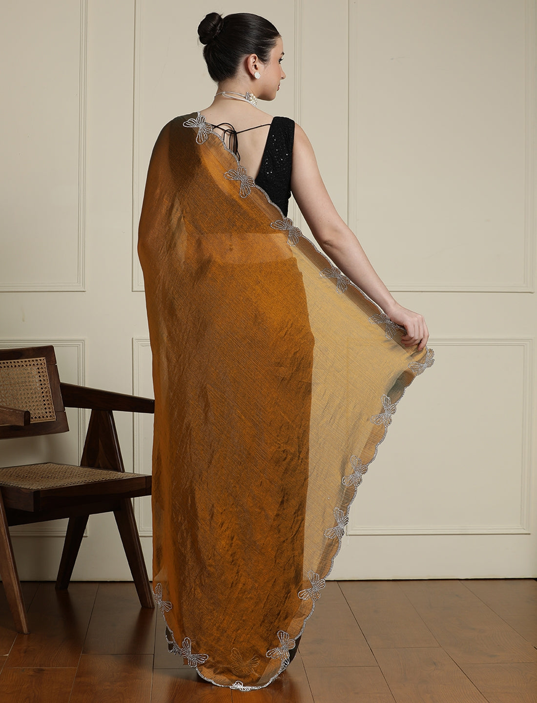 Beads and Stones Wedding Saree With Blouse in Mustard / Gold