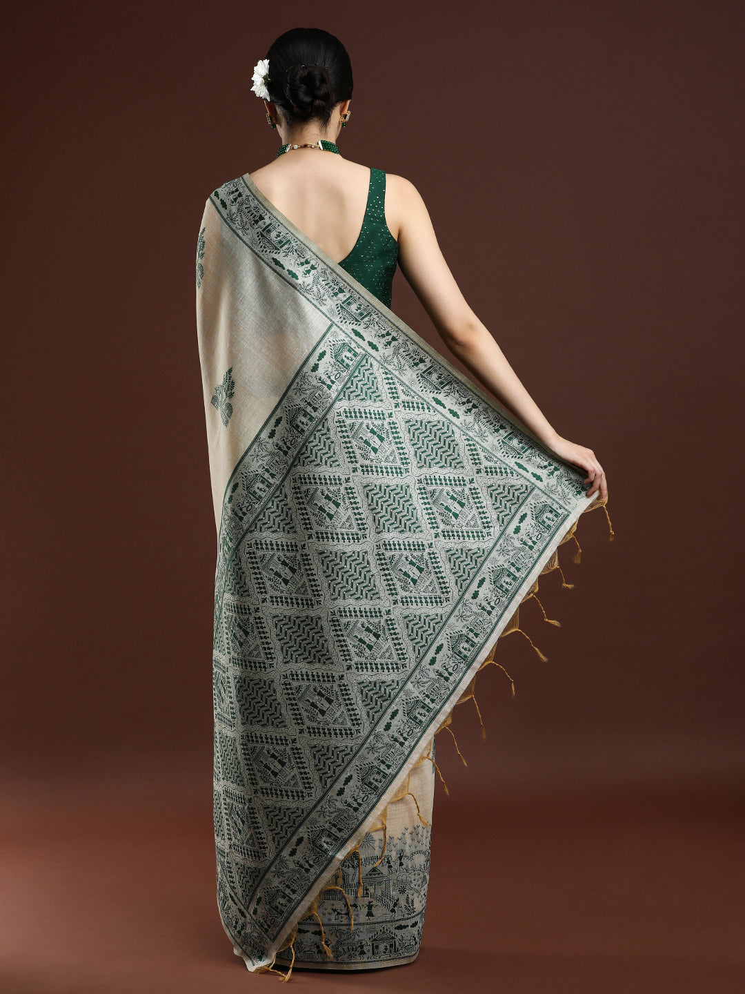 Woven Design Chanderi Cotton Saree with Green Motifs