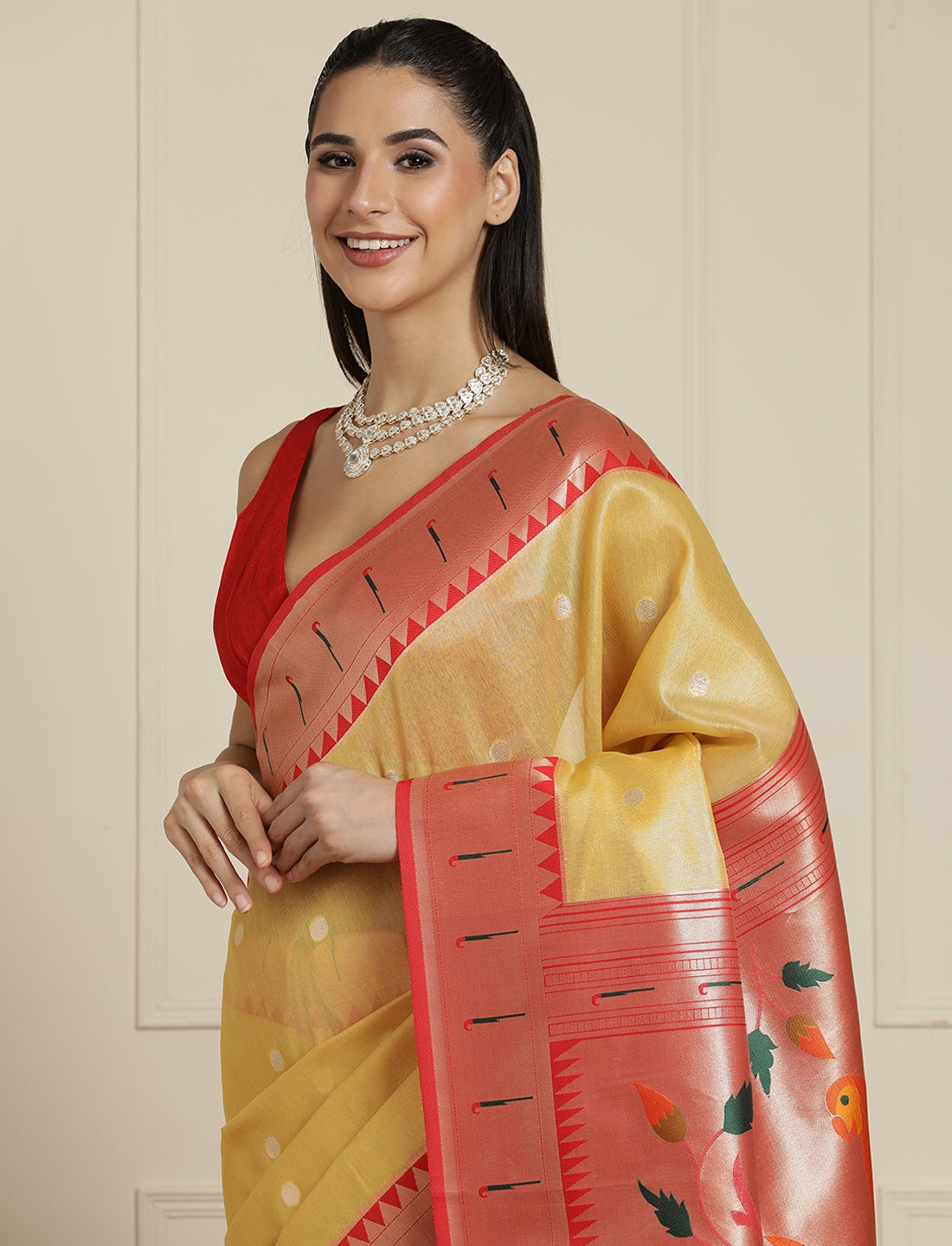 Floral Woven Design Zari Saree With Blouse Piece in Yellow and Orange
