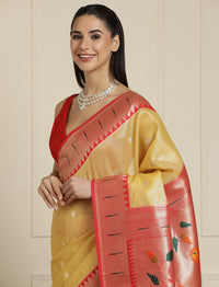 Floral Woven Design Zari Saree With Blouse Piece in Yellow and Orange