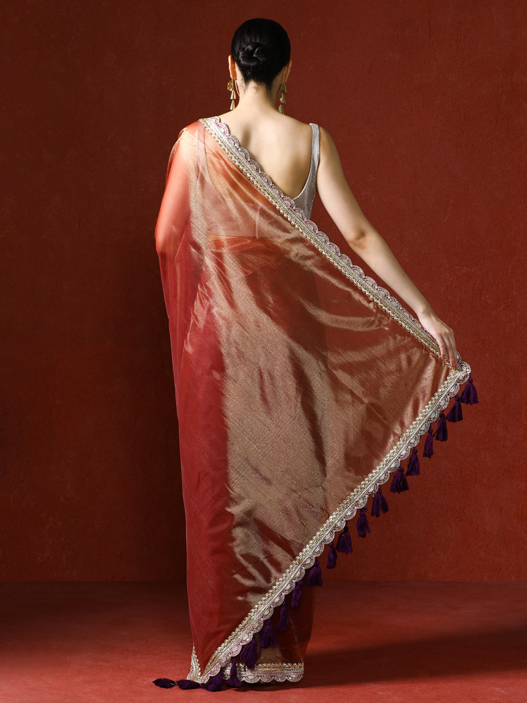 Embellished Satin Silk Sequinned With Tassles Saree in copper