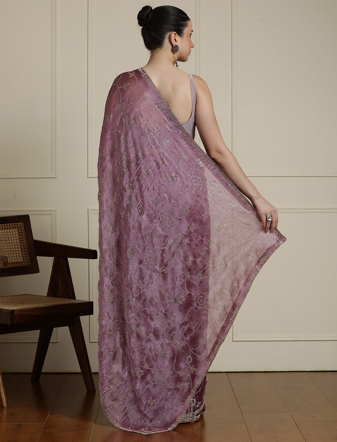 Embellished Saree With Unstitched Blouse in Pink