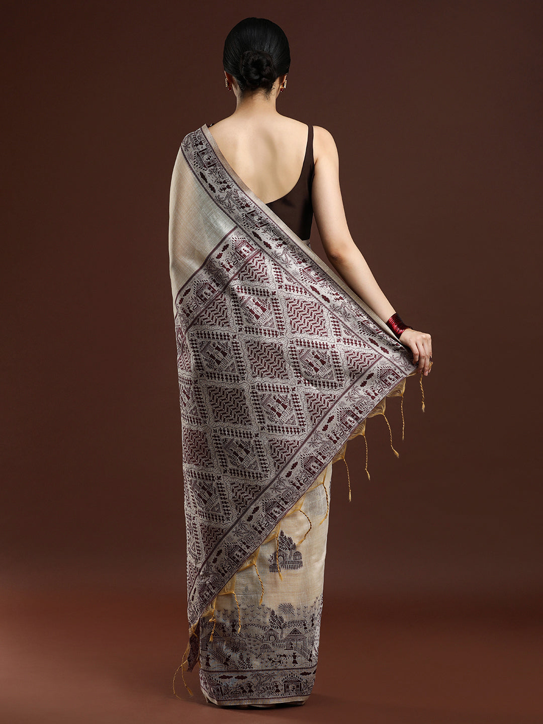 Woven Design Chanderi Cotton Saree with Dark Red Motifs