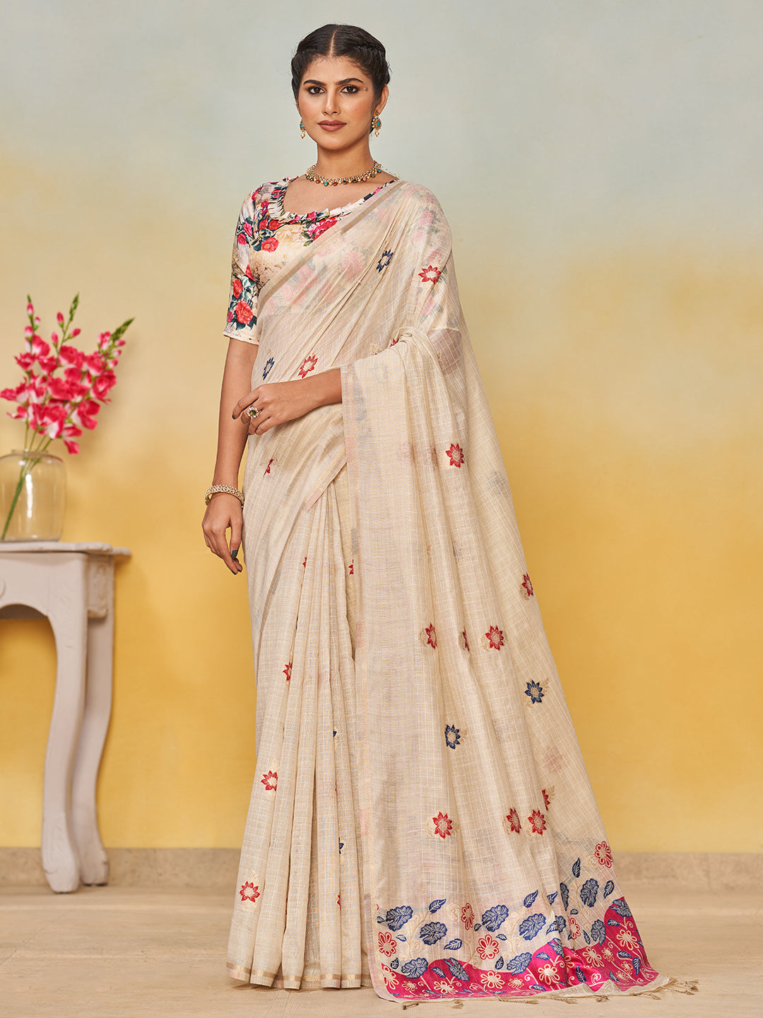 Sundari Cotton in Beige with Pink Motifs