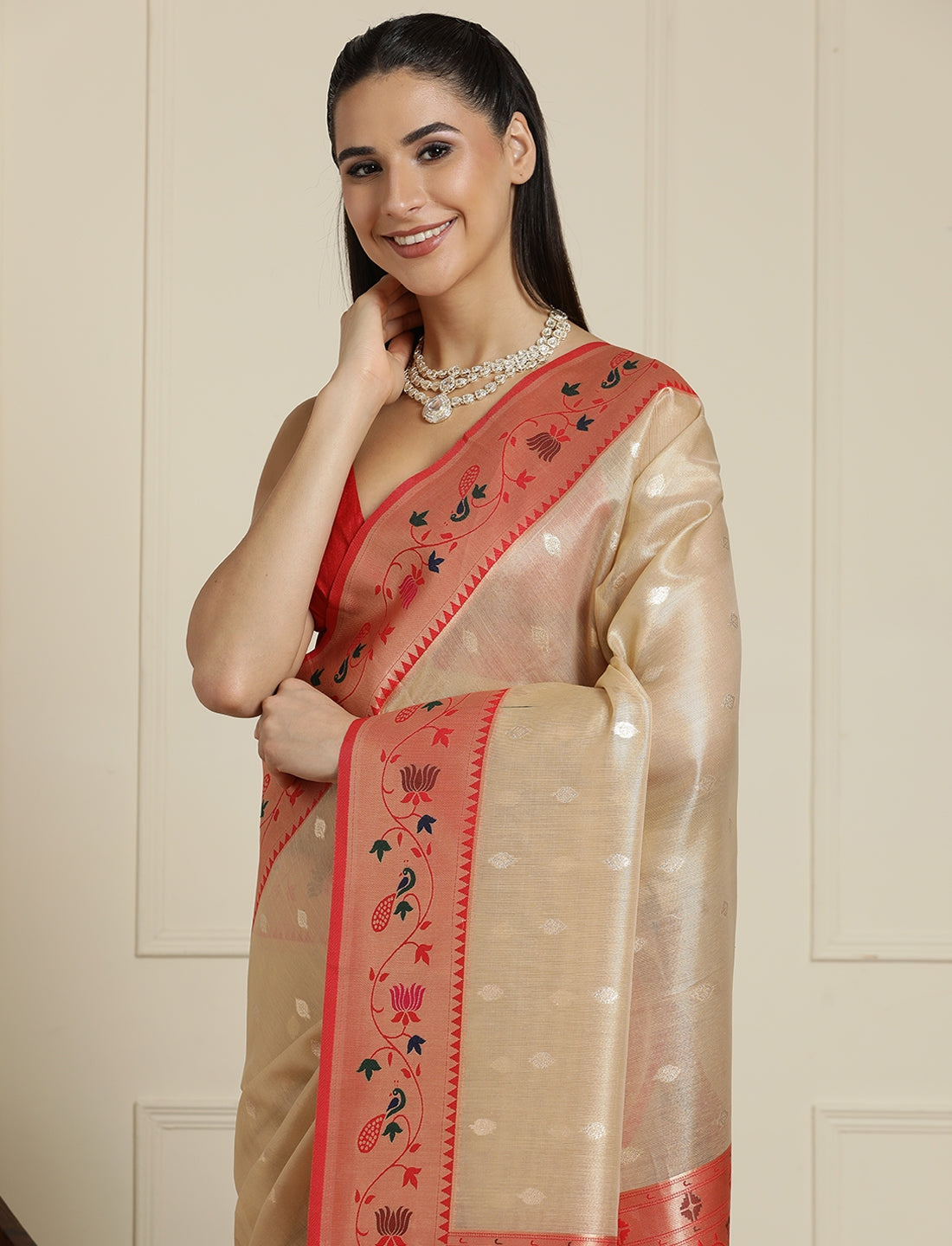 Ethnic Motifs Woven Design Paithani Sareee With Blouse Piece in Beige and Orange