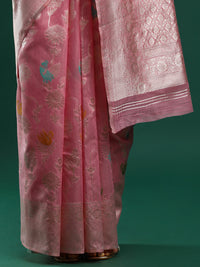 Woven Design Floral Chanderi Cotton Saree in Pink