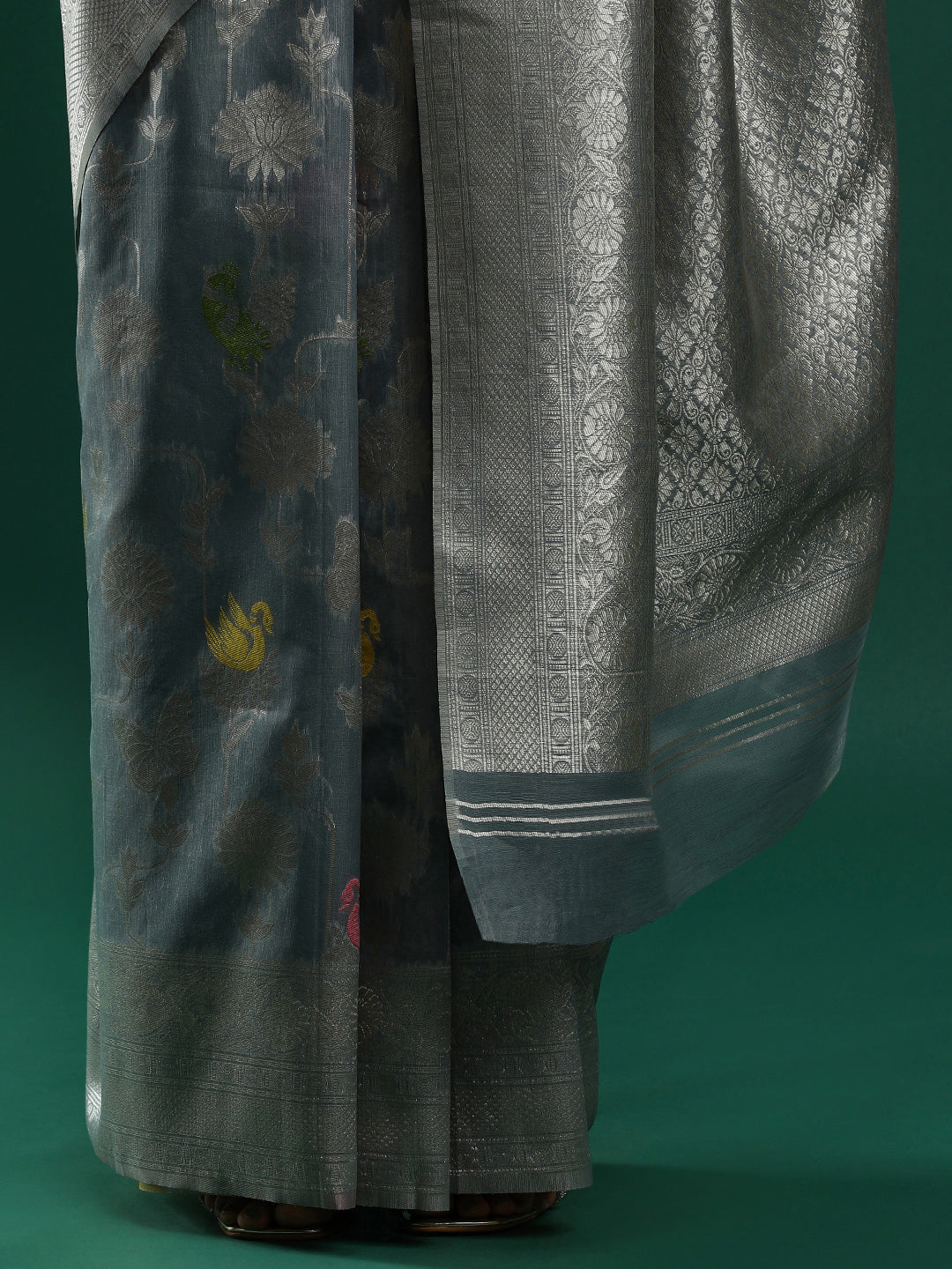 Woven Design Floral Chanderi Cotton Saree in Grey
