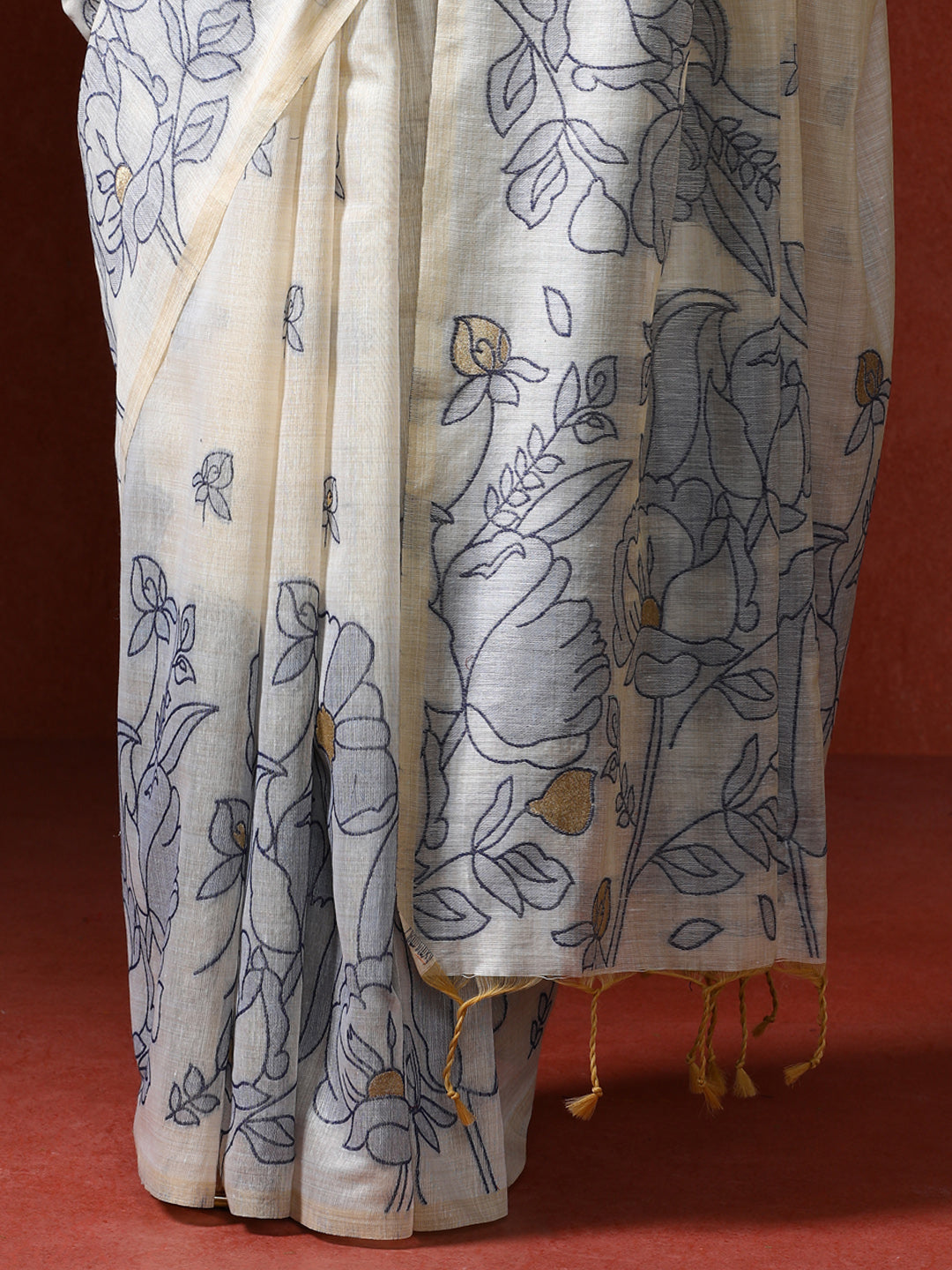 Floral Printed Zari Chanderi Saree in blue